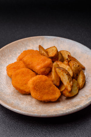 Crispy chicken nuggets, meat takeaway meal with salt and spices. Chicken nuggets, fast food, junk foodの写真素材