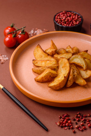 Grilled potato wedges with rosemary, cheese, salt and spices. Baked potato slices on a dark concrete backgroundの写真素材