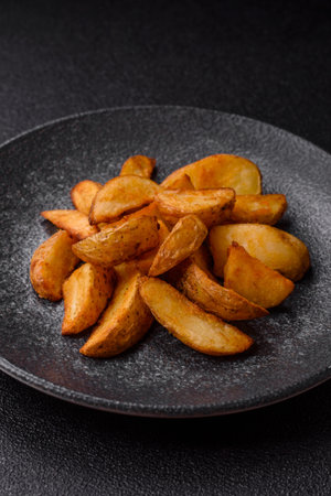 Grilled potato wedges with rosemary, cheese, salt and spices. Baked potato slices on a dark concrete backgroundの写真素材