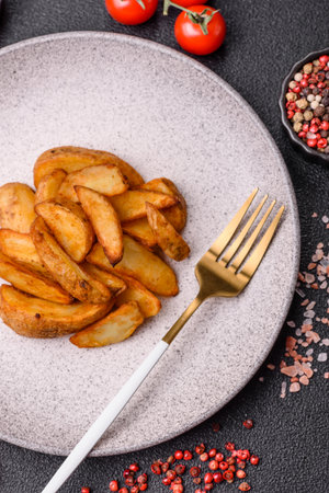 Grilled potato wedges with rosemary, cheese, salt and spices. Baked potato slices on a dark concrete backgroundの写真素材