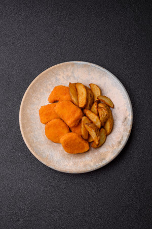 Crispy chicken nuggets, meat takeaway meal with salt and spices. Chicken nuggets, fast food, junk foodの写真素材