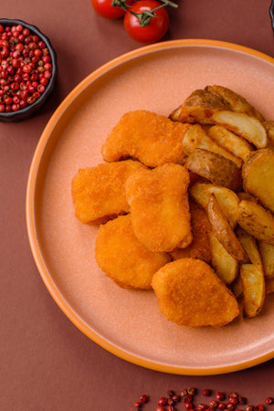 Crispy chicken nuggets, meat takeaway meal with salt and spices. Chicken nuggets, fast food, junk foodの写真素材
