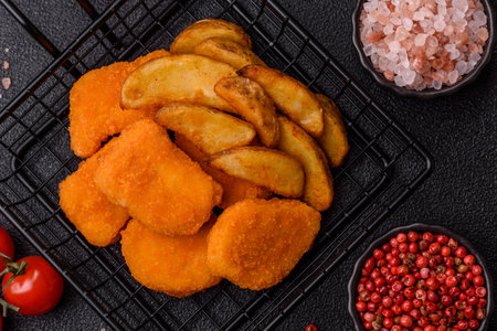 Crispy chicken nuggets, meat takeaway meal with salt and spices. Chicken nuggets, fast food, junk foodの写真素材