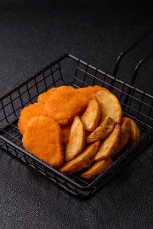 Crispy chicken nuggets, meat takeaway meal with salt and spices. Chicken nuggets, fast food, junk foodの写真素材
