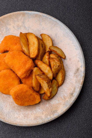 Crispy chicken nuggets, meat takeaway meal with salt and spices. Chicken nuggets, fast food, junk foodの写真素材