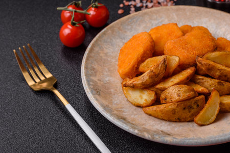 Crispy chicken nuggets, meat takeaway meal with salt and spices. Chicken nuggets, fast food, junk foodの写真素材