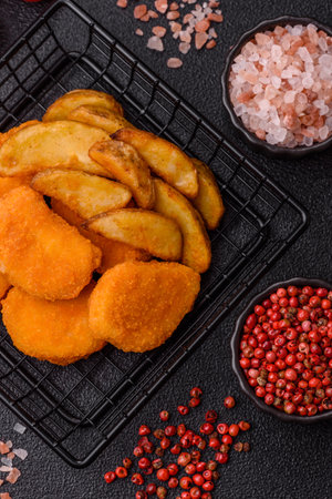 Crispy chicken nuggets, meat takeaway meal with salt and spices. Chicken nuggets, fast food, junk foodの写真素材