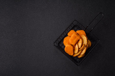 Crispy chicken nuggets, meat takeaway meal with salt and spices. Chicken nuggets, fast food, junk foodの写真素材