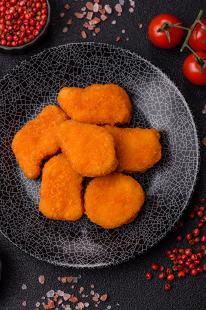 Crispy chicken nuggets, meat takeaway meal with salt and spices. Chicken nuggets, fast food, junk foodの写真素材