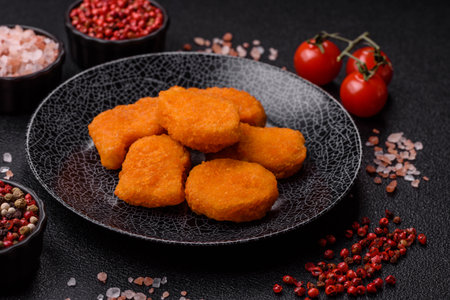 Crispy chicken nuggets, meat takeaway meal with salt and spices. Chicken nuggets, fast food, junk foodの写真素材