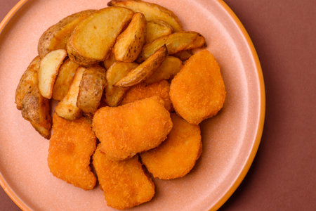 Crispy chicken nuggets, meat takeaway meal with salt and spices. Chicken nuggets, fast food, junk foodの写真素材