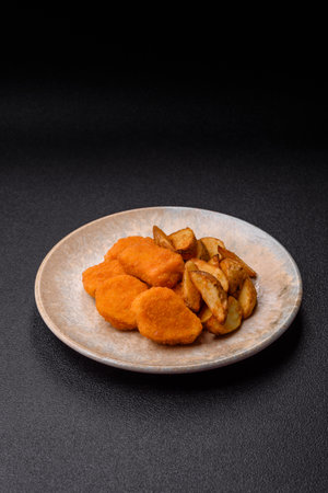 Crispy chicken nuggets, meat takeaway meal with salt and spices. Chicken nuggets, fast food, junk foodの写真素材