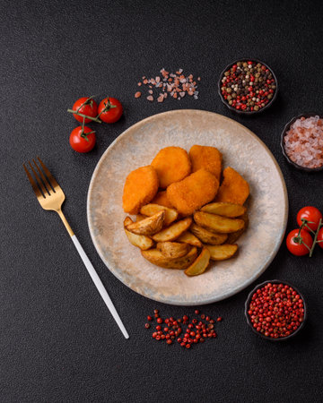 Crispy chicken nuggets, meat takeaway meal with salt and spices. Chicken nuggets, fast food, junk foodの写真素材