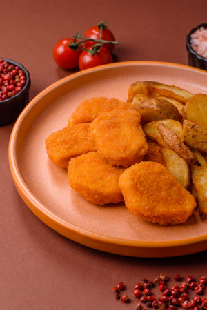 Crispy chicken nuggets, meat takeaway meal with salt and spices. Chicken nuggets, fast food, junk foodの写真素材