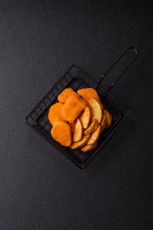Crispy chicken nuggets, meat takeaway meal with salt and spices. Chicken nuggets, fast food, junk foodの写真素材