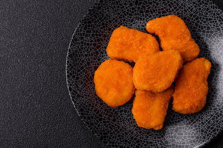 Crispy chicken nuggets, meat takeaway meal with salt and spices. Chicken nuggets, fast food, junk foodの写真素材