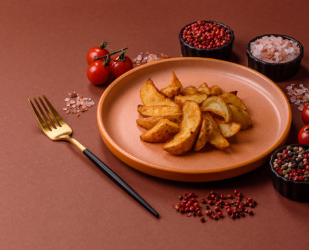 Grilled potato wedges with rosemary, cheese, salt and spices. Baked potato slices on a dark concrete backgroundの写真素材