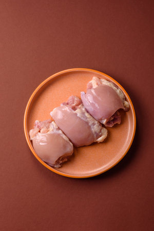 Raw chicken thigh fillet without skin and bone with salt and spices prepared for baking. Raw chicken fillet for cooking at homeの写真素材