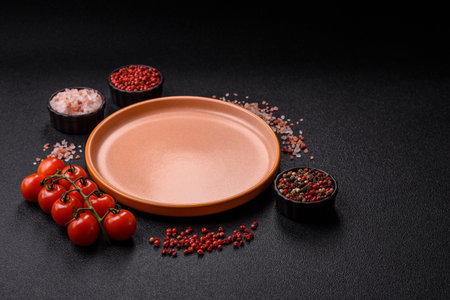 Empty ceramic plate on a monochrome brown background. Empty plate with cutlery on a dining tableの写真素材