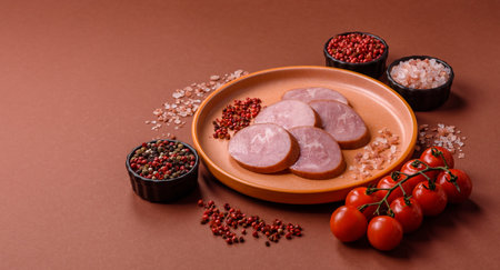 Sliced ham, meat, pork or turkey sausage for sandwiches. Ham slices, food, background for your...