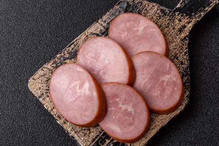 Sliced ham, meat, pork or turkey sausage for sandwiches. Ham slices, food, background for your...