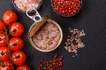 Tuna, canned fish in a can and on a plate for making sandwiches and other food. Canned tuna as an ingredient for cooking healthy foodの写真素材