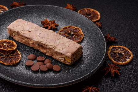 Nougat or white caramel with hazelnuts and pistachios and citrus pieces. White nougat with nuts, sweets for the festive tableの写真素材