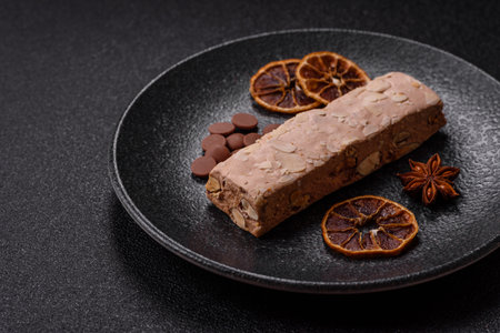 Nougat or white caramel with hazelnuts and pistachios and citrus pieces. White nougat with nuts, sweets for the festive tableの写真素材