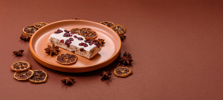 Nougat or white caramel with hazelnuts and pistachios and citrus pieces. White nougat with nuts,...