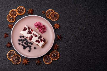 Nougat or white caramel with hazelnuts and pistachios and citrus pieces. White nougat with nuts,...