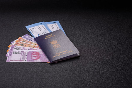 Indian passport and tickets for traveling, flying and doing business. India document, id for...