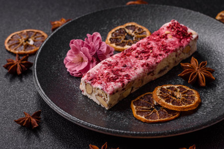 Nougat or white caramel with hazelnuts and pistachios and strawberry pieces. White nougat with nuts,...