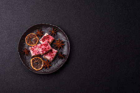 Nougat or white caramel with hazelnuts and pistachios and strawberry pieces. White nougat with nuts,...