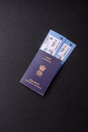 Indian passport and tickets for traveling, flying and doing business. India document, id for...