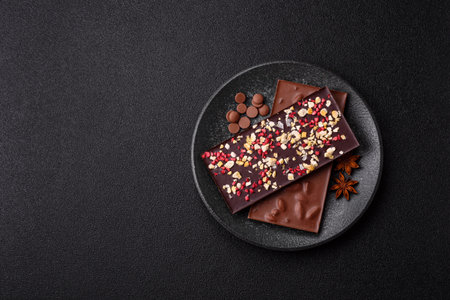 Bar sweet craft artisan chocolate with dried fruits made at home. Craft chocolate as a background...