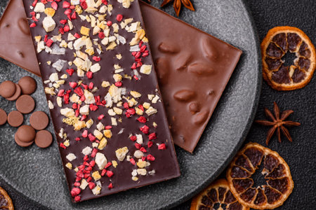 Bar sweet craft artisan chocolate with dried fruits made at home. Craft chocolate as a background...