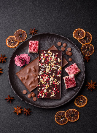Bar sweet craft artisan chocolate with dried fruits made at home. Craft chocolate as a background...