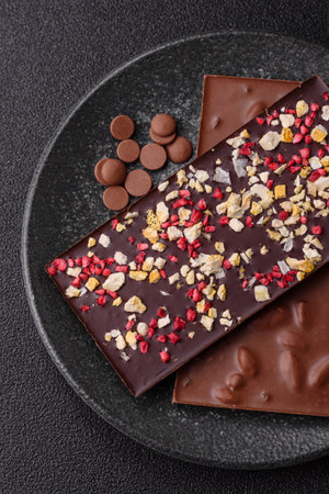 Bar sweet craft artisan chocolate with dried fruits made at home. Craft chocolate as a background...