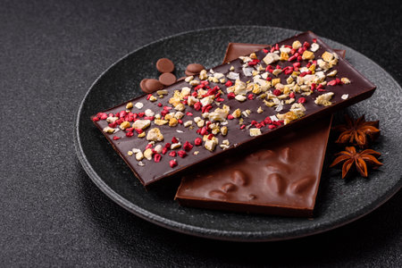 Bar sweet craft artisan chocolate with dried fruits made at home. Craft chocolate as a background...