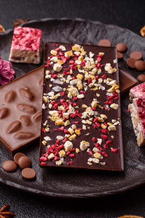 Bar sweet craft artisan chocolate with dried fruits made at home. Craft chocolate as a background...