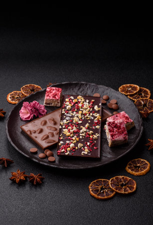 Bar sweet craft artisan chocolate with dried fruits made at home. Craft chocolate as a background...