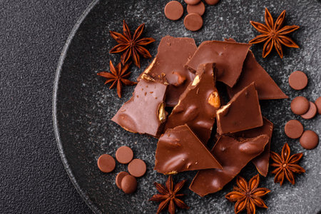 Bar sweet craft artisan chocolate with dried fruits made at home. Craft chocolate as a background...