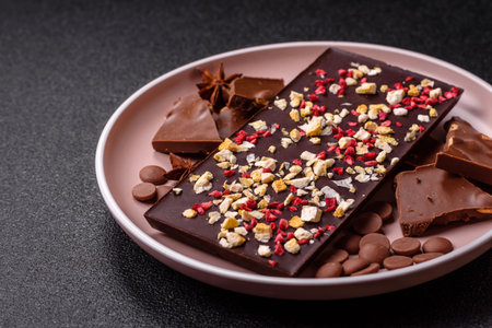 Bar sweet craft artisan chocolate with dried fruits made at home. Craft chocolate as a background for your designの写真素材