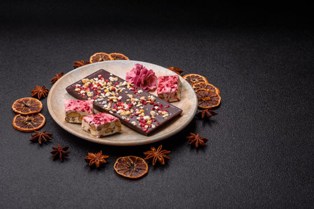 Bar sweet craft artisan chocolate with dried fruits made at home. Craft chocolate as a background...