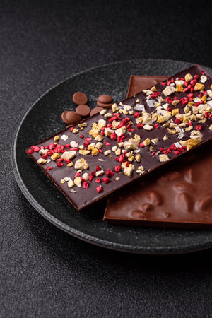 Bar sweet craft artisan chocolate with dried fruits made at home. Craft chocolate as a background...