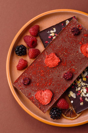 Bar sweet craft artisan chocolate with dried fruits made at home. Craft chocolate as a background...