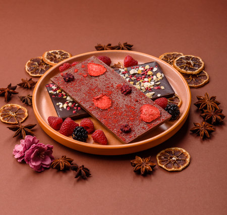 Bar sweet craft artisan chocolate with dried fruits made at home. Craft chocolate as a background...