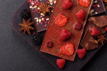Bar sweet craft artisan chocolate with dried fruits made at home. Craft chocolate as a background...