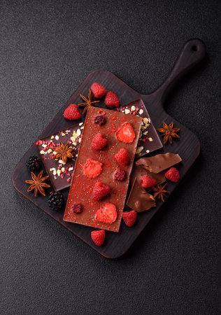 Bar sweet craft artisan chocolate with dried fruits made at home. Craft chocolate as a background for your designの写真素材