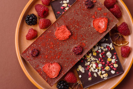 Bar sweet craft artisan chocolate with dried fruits made at home. Craft chocolate as a background...
